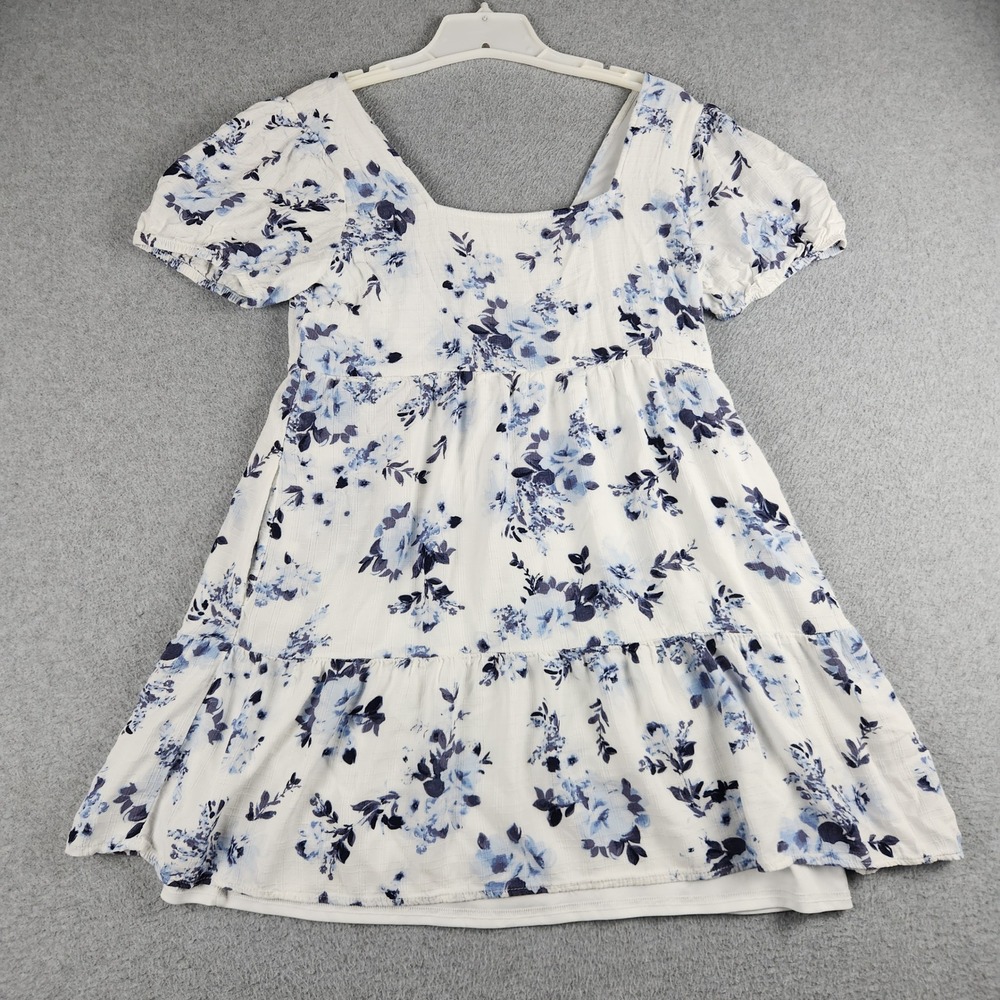 Maurices Dress Womens Small White Blue Floral Puff Sleeve Tiered Square Neck